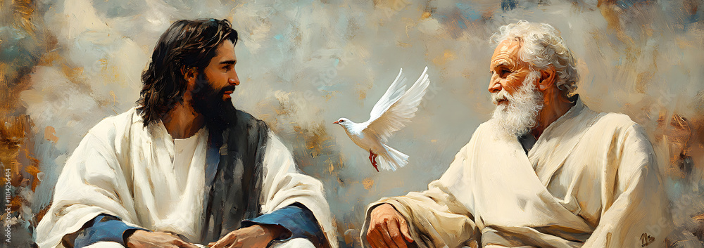 Angelic Robe Jesus Jesus and an elderly man in blue robes sitting on the ground with ...