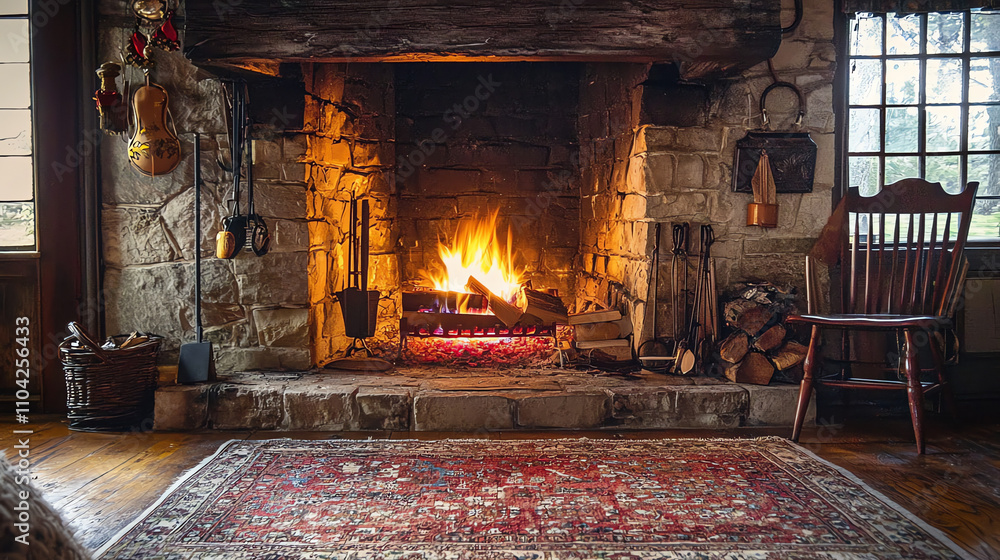 Cozy fireplace with family heirlooms creating a warm atmosphere in a rustic living room Cozy fireplace with family heirlooms creating a warm atmosphere in a rustic living room
