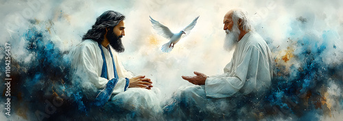 Jesus and an elderly man in blue robes sitting on the ground with angelic wings behind them, a serene dove flying above their heads, showcasing divine light and spiritual harmony in a tranquil scene.
 photo