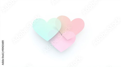 Abstract representation of a family, simple overlapping heart shapes in soft pastel tones, symbolizing love, unity, and connection, placed on a clean white background.