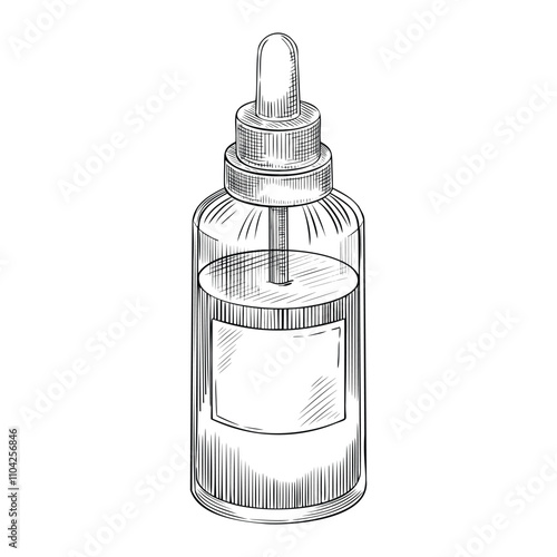 Vector drawing of a essential oil Bottle with dropper. Linear illustration of glass vial with liquid painted by black inks for aromatherapy or herbal medicine. Outline etching for apothecary design.