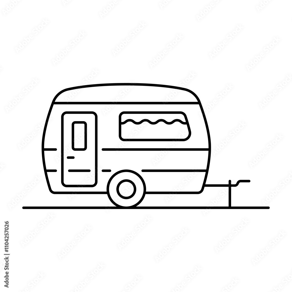 Caravan icon. Motorhome, camper, trailer. Black outline linear silhouette. Editable strokes. Side view. Vector simple flat graphic illustration. Isolated object on white background. Isolate. Caravan icon. Motorhome, camper, trailer. Black outline linear silhouette. Editable strokes. Side view. Vector simple flat graphic illustration. Isolated object on white background. Isolate.