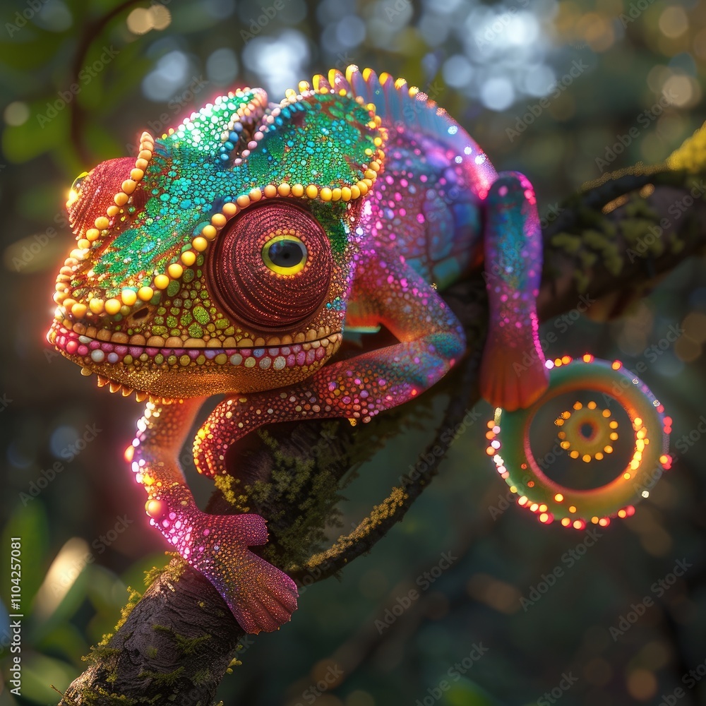Fototapeta premium A vibrant, colorful chameleon perched on a branch in a lush, illuminated forest setting.