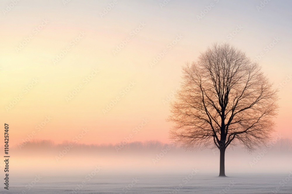 Lonely tree in foggy landscape at dawn with soft pastel colors and serene atmosphere Lonely tree in foggy landscape at dawn with soft pastel colors and serene atmosphere