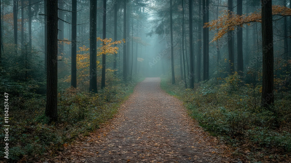 Obraz premium Misty autumn path through a dense forest.