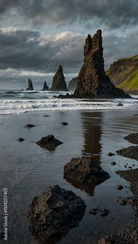 Basalt stacks at Reynisdrangar near Vik, Iceland.