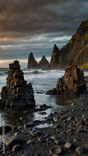 Basalt stacks at Reynisdrangar near Vik, Iceland.