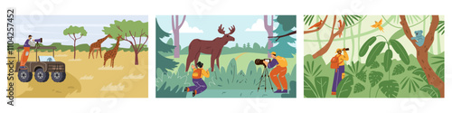 Vector set of characters observing wildlife in different habitats.