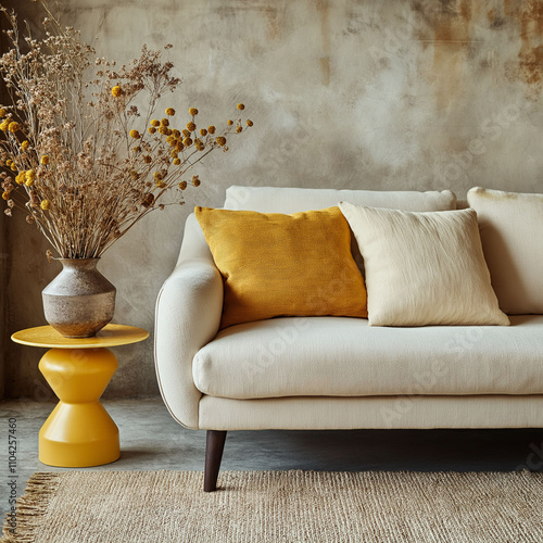 Stylish interior of living room at fancy home with design sofa, yellow side table, dried flowers, pillow, carpet decor and personal accessories in modern home decor