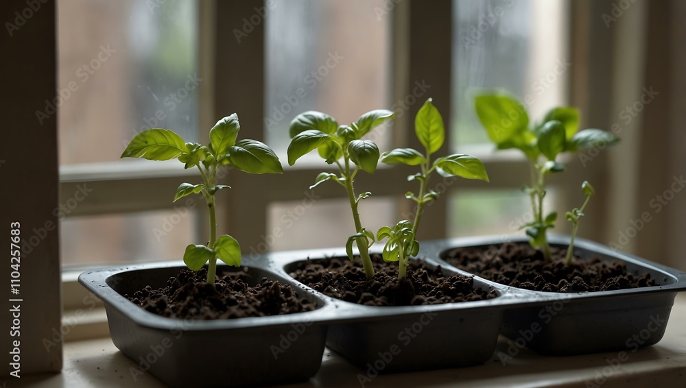 Basil seedlings in a pot by the window at home. Basil seedlings in a pot by the window at home.