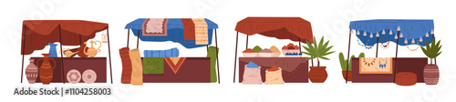 Vector illustration of a set with the image of various tents for the oriental bazaar.
