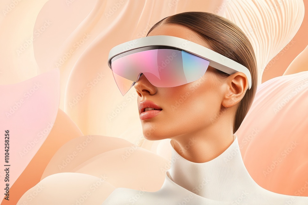 A woman wearing AR glasses views virtual clothing, trying it on her avatar A woman wearing AR glasses views virtual clothing, trying it on her avatar