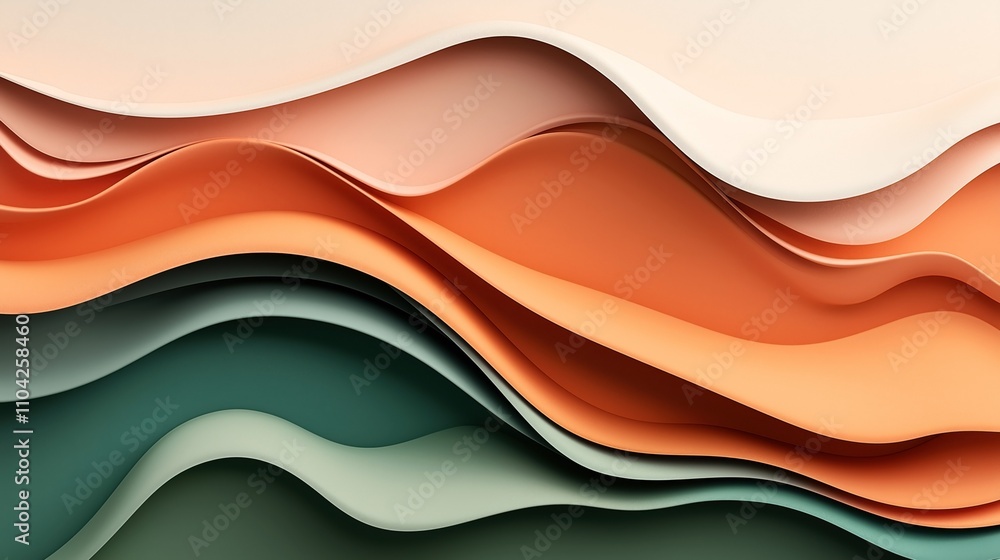 Abstract composition of layered waves in shades of orange, cream, and green creating a flowing, dynamic pattern in a minimalist style Abstract composition of layered waves in shades of orange, cream, and green creating a flowing, dynamic pattern in a minimalist style