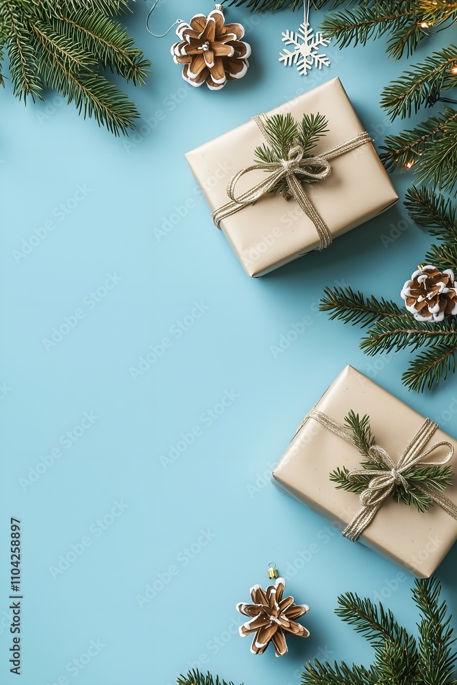 Elegant Christmas holiday composition with beige gift box tied with twine, wooden decoration, Christmas ornaments, pinecones, and green fir branches on a minimalist blue background. Elegant Christmas holiday composition with beige gift box tied with twine, wooden decoration, Christmas ornaments, pinecones, and green fir branches on a minimalist blue background.