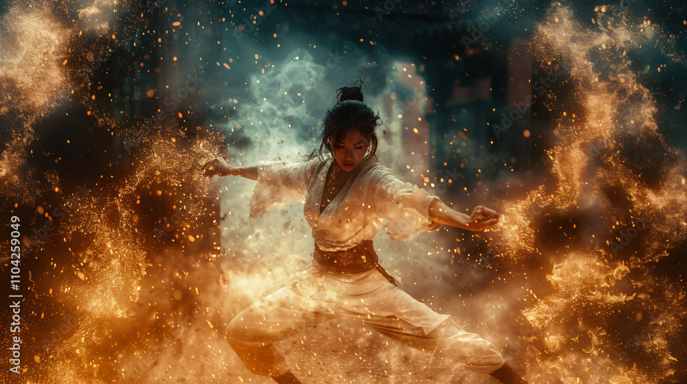 Obraz premium japanese woman dancing in fire ritual
