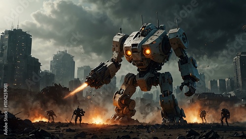 Battle mech in a futuristic battlefield.