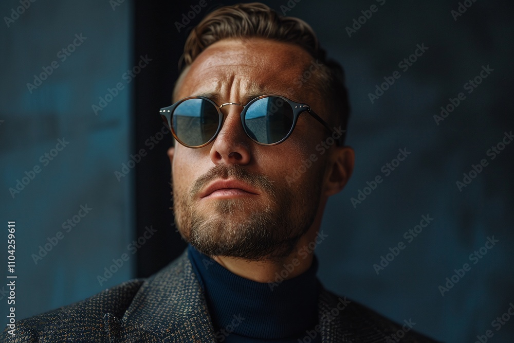Obraz premium Close-up portrait, man wearing reflective round sunglasses, dark interior background, elegant blazer, turtleneck outfit, modern menswear, confident and polished look