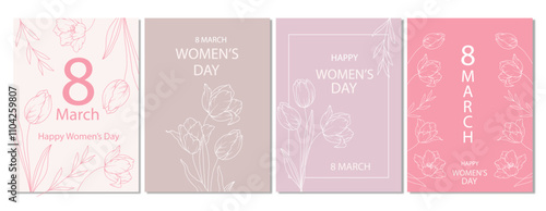 Women’s Day Poster. Set of Floral Posters for 9 March. Flower design Women’s Day Greeting Cards. Women Day background Templates with Floral Line Art.