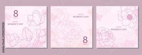 Women’s Day Poster. Set of Floral Posters for 9 March. Flower design Women’s Day Greeting Cards. Women Day background Templates with Floral Line Art.