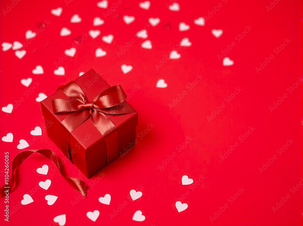 Gift box with red tied bow and hearts on a red background. Close-up. Gift box with red tied bow and hearts on a red background. Close-up.