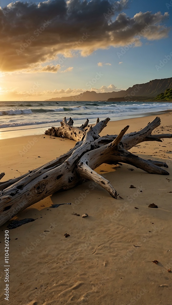 Beach with driftwood on Hawaii’s coastline. Beach with driftwood on Hawaii’s coastline.