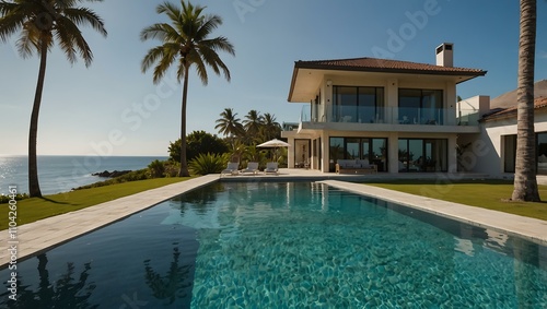 Beachfront villa with infinity pool and palm trees.
