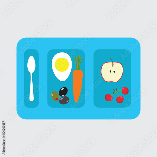 School lunch box with egg, olives, carrot, apple and cherries