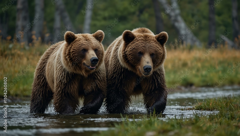 Bear chasing its brother in a playful scene. Bear chasing its brother in a playful scene.