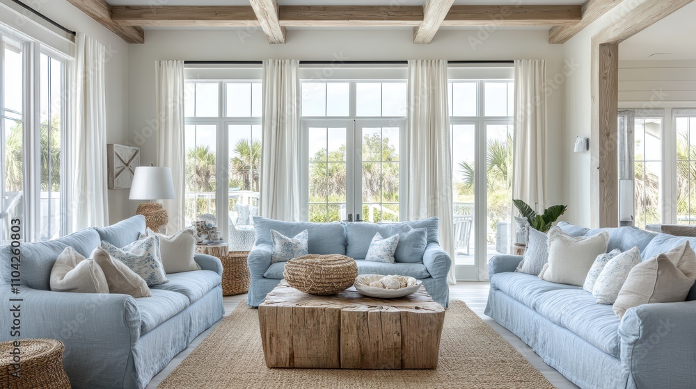 A serene coastal living room with light blue linen sofas, whitewashed wooden beams, and sea-inspired decor like seashells and woven baskets.