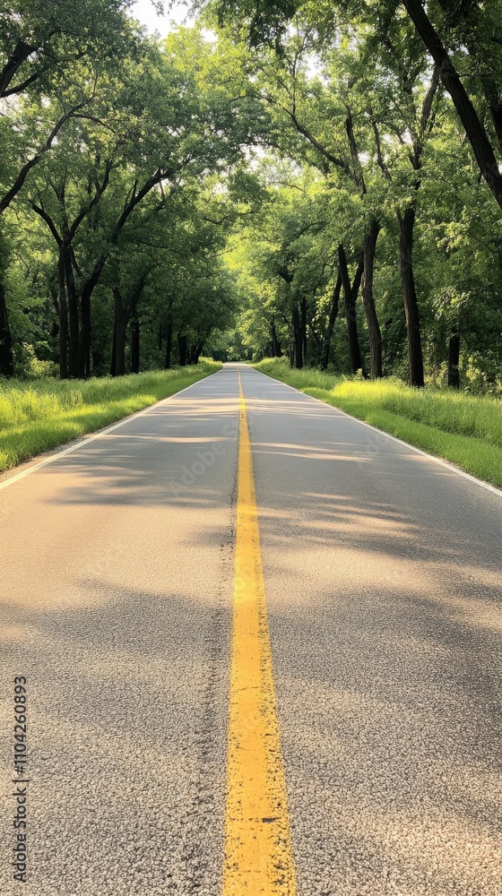 Fototapeta premium Winding forest road lined with tall trees and dappled sunlight during late afternoon