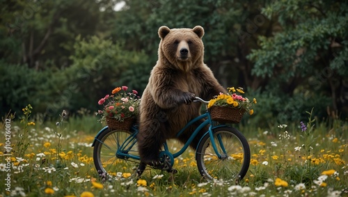 Bear riding a bicycle surrounded by flowers.
