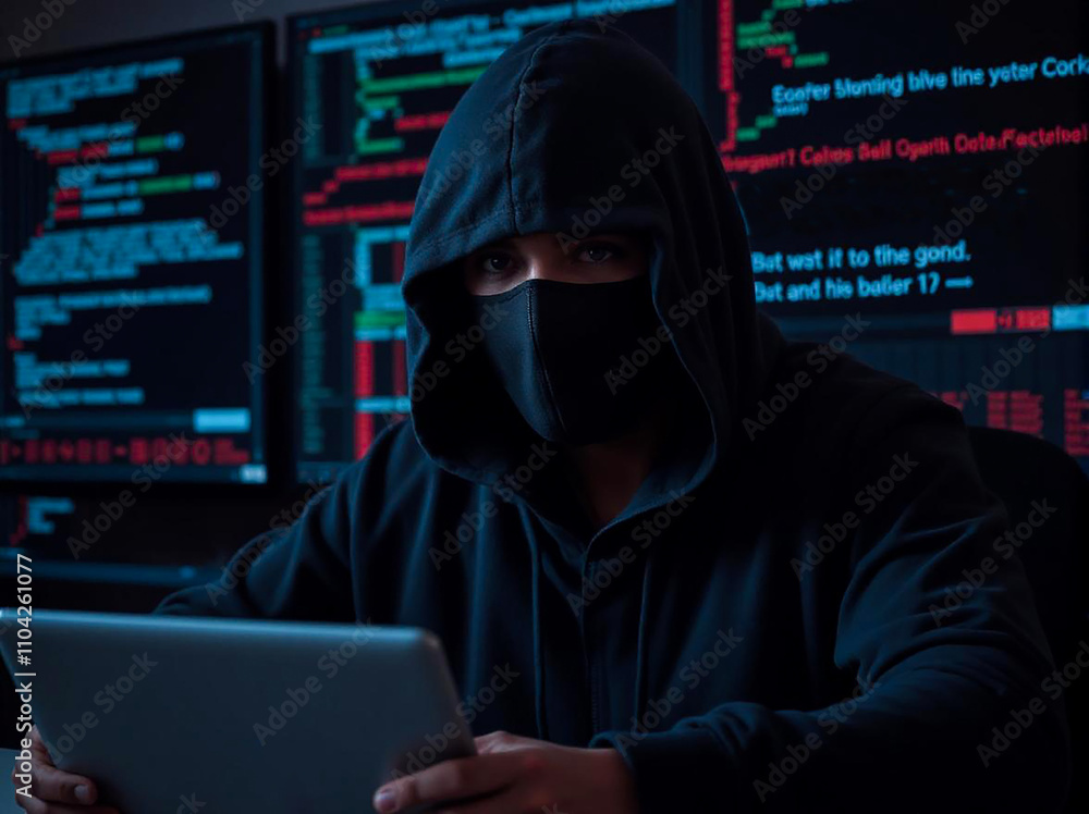 Abstract hooded hacker with hidden face working on laptop. Close-up. Abstract hooded hacker with hidden face working on laptop. Close-up.