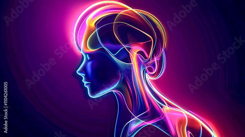 Neon silhouette of young female with vibrant colors and abstract lines