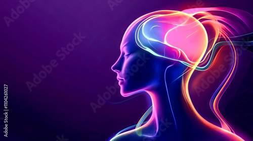 Abstract neon silhouette of a woman with vibrant light streaks on a dark background