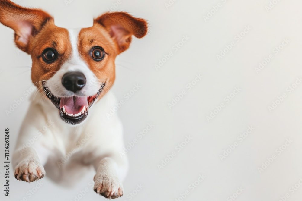 Adorable puppy joyfully playing and leaping indoors near light colored background Adorable puppy joyfully playing and leaping indoors near light colored background