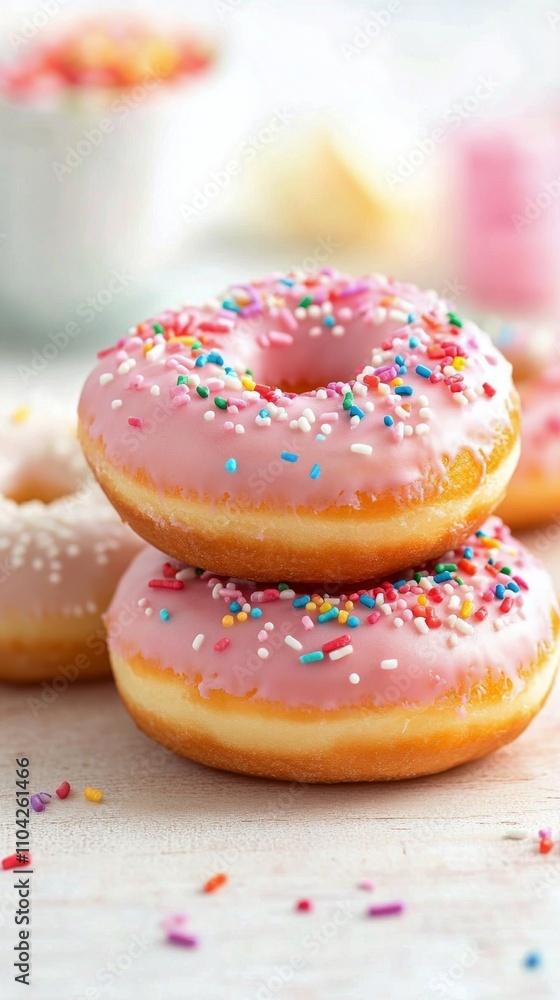 Delicious pink frosted donuts with colorful sprinkles stacked on a light background Delicious pink frosted donuts with colorful sprinkles stacked on a light background
