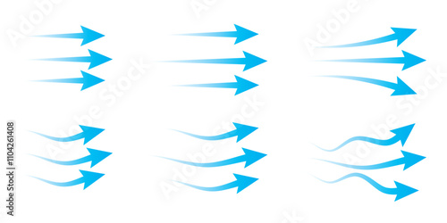 Set of blue arrow showing air flow. Air flow vector illustration, blue cold fresh stream from the air conditioner vector illustration isolated on white background.