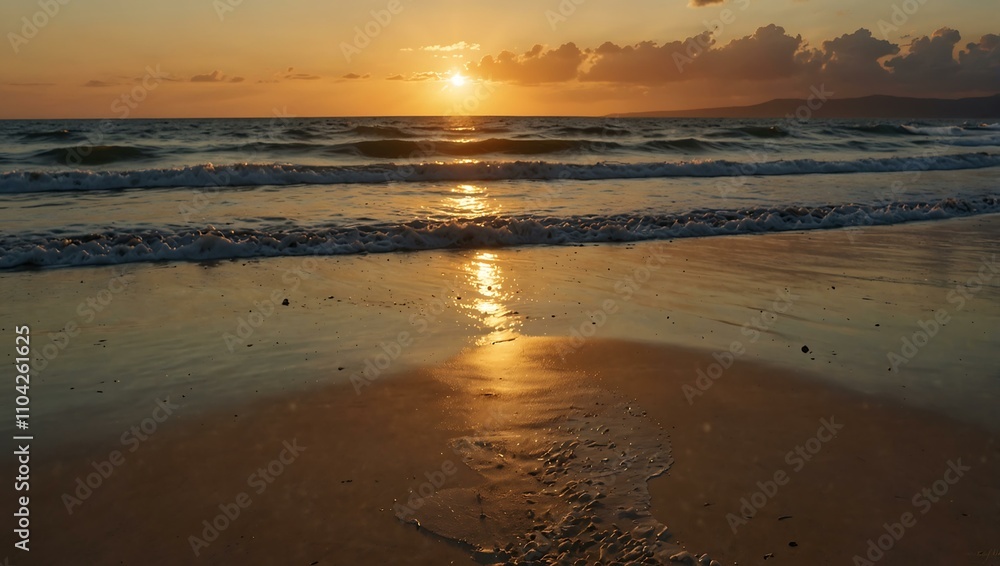 Beautiful beach at sunset with golden light on the horizon. Beautiful beach at sunset with golden light on the horizon.