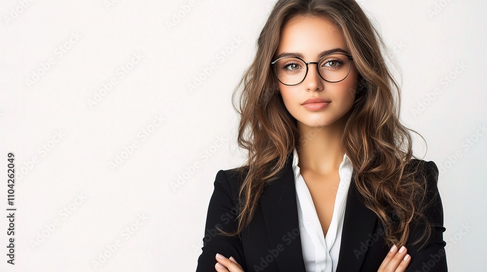 Confident Businesswoman with Glasses Posing Against Light Background Confident Businesswoman with Glasses Posing Against Light Background