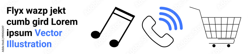 Musical note, phone receiver with signal waves, and shopping cart. Ideal for e-commerce, communication, music streaming, customer service, online shopping, marketing, and digital media. Banner Musical note, phone receiver with signal waves, and shopping cart. Ideal for e-commerce, communication, music streaming, customer service, online shopping, marketing, and digital media. Banner