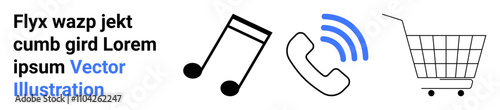 Musical note, phone receiver with signal waves, and shopping cart. Ideal for e-commerce, communication, music streaming, customer service, online shopping, marketing, and digital media. Banner