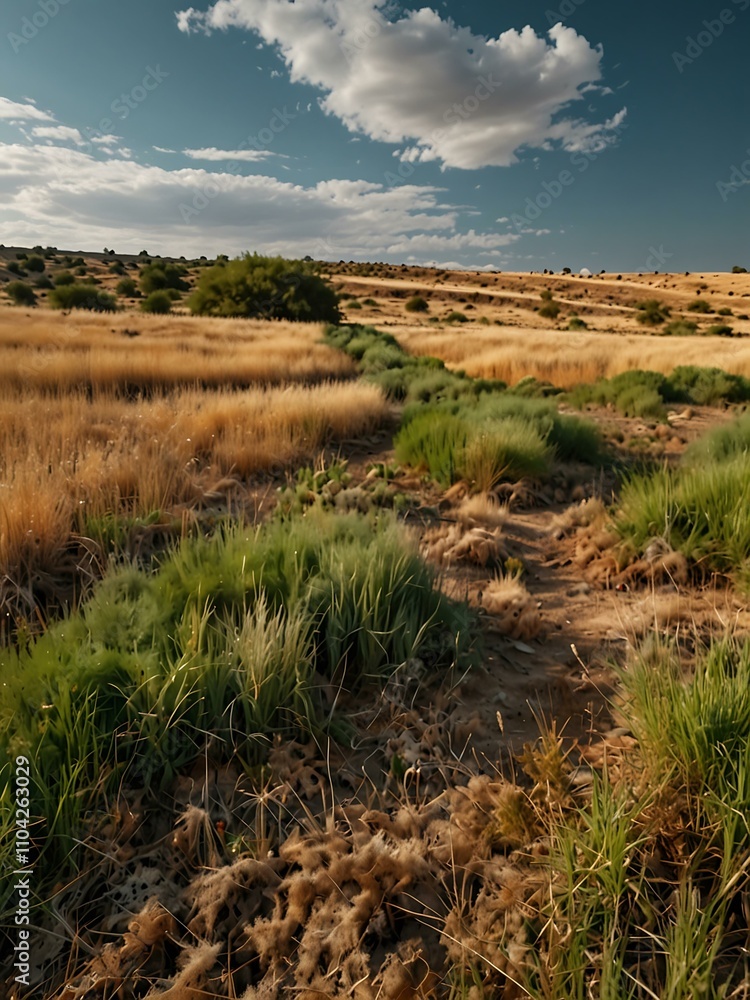Beautiful field with dry grass and green bushes. Beautiful field with dry grass and green bushes.
