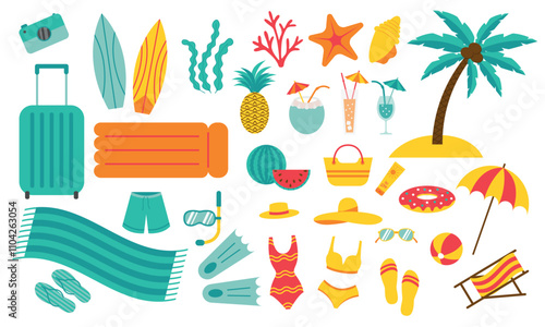 Summer beach set. Collection of male and female attributes for relaxation on the sea or ocean isolated on white background. Vector illustration