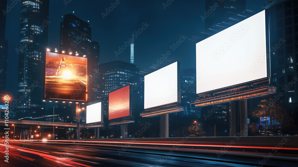 Billboards on a futuristic city scene at night. Concept art with a futuristic vision of advertising Billboards on a futuristic city scene at night. Concept art with a futuristic vision of advertising