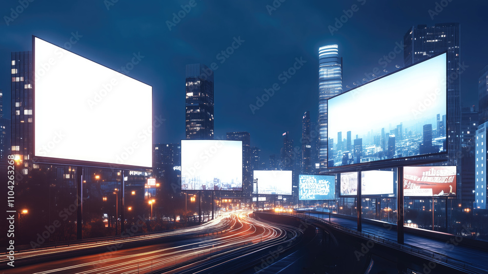 Billboards on a futuristic city scene at night. Concept art with a futuristic vision of advertising Billboards on a futuristic city scene at night. Concept art with a futuristic vision of advertising