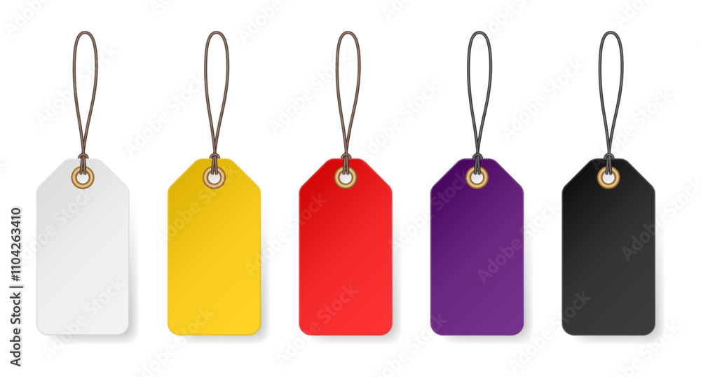 Set of white, yellow, red, purple and black price tags. Luggage tag. Cardboard label for clothes. Set of white, yellow, red, purple and black price tags. Luggage tag. Cardboard label for clothes.
