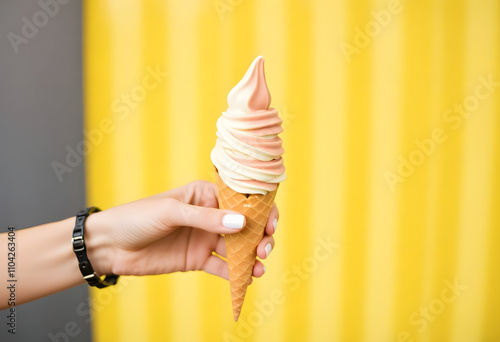 womand hand holding ice cream on yellow background photo