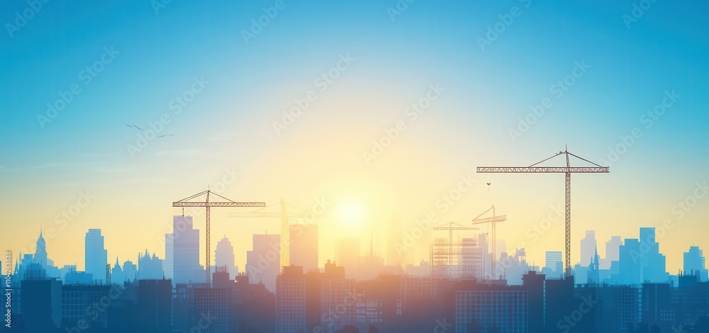 Workers laboring on expansive construction sites, numerous cranes in operation, within the new building industry Workers laboring on expansive construction sites, numerous cranes in operation, within the new building industry
