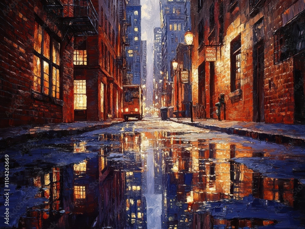 A vibrant city alley at night, reflecting lights in puddles after rain. A vibrant city alley at night, reflecting lights in puddles after rain.