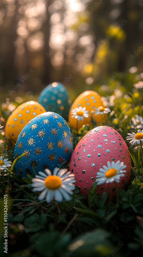 A vibrant display of colorful Easter eggs arranged in an array on lush green grass, creating a festive and cheerful atmosphere for the holiday celebration. The eggs are brightly colored and beautifull A vibrant display of colorful Easter eggs arranged in an array on lush green grass, creating a festive and cheerful atmosphere for the holiday celebration. The eggs are brightly colored and beautifull